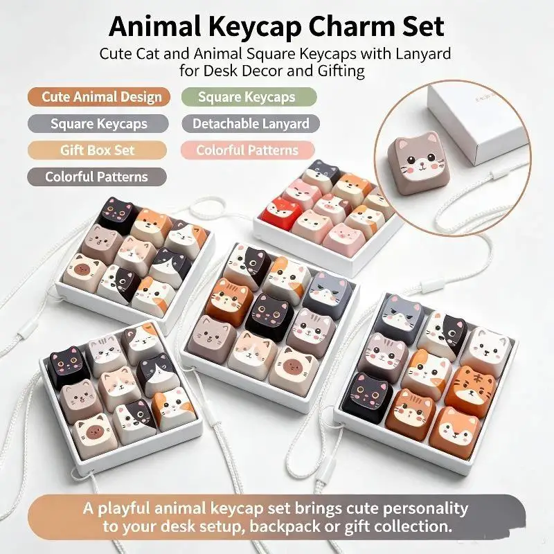 Cute Cat Relax Button Keycap, Kawaii Cat 9-Key Keyboard Fidget Toy For Friends Gift, Portable Fidget Keychain Fashion Bag Charm