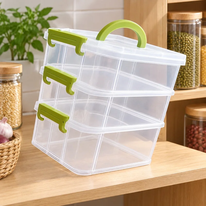 Transparent Portable Storage Box with Four Sections, Multi-Tier Organizer Drawer for Small Toys and Building Pieces
