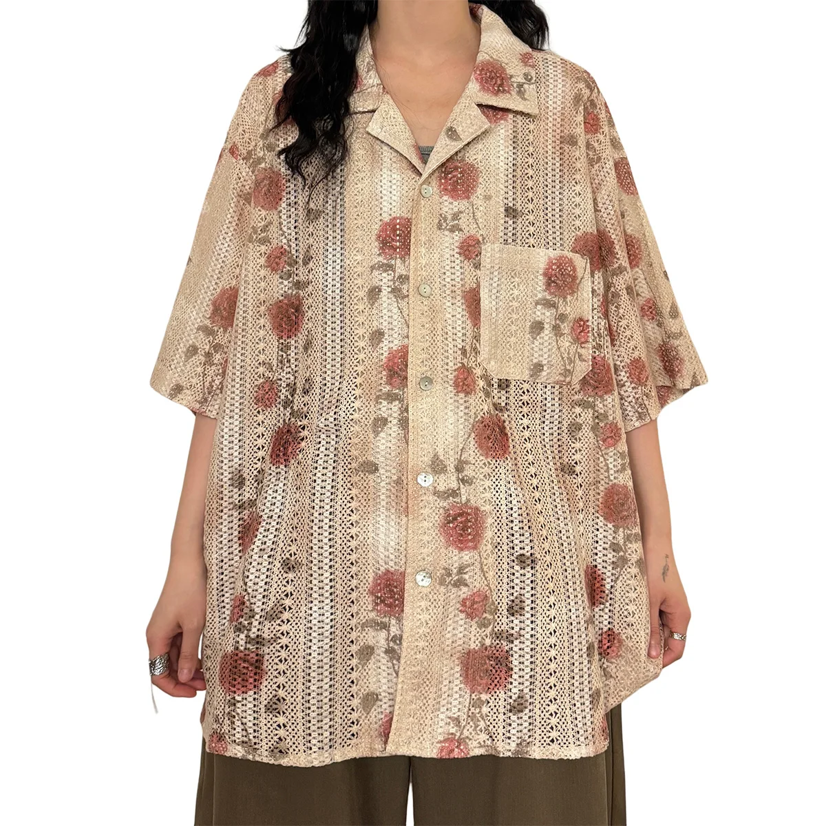 

UATONLINE Summer American Retro Casual Lazy Sle Lotus Color Hollow Flower ort Sve Women's irt Street Sle Loose Fit