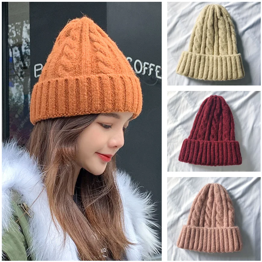 

New Winter Thicken Knitted Hat for Women Fashion Wool Skullies Lady Girls Beanies Solid Color Casual Outdoor Ski Hat Gorras