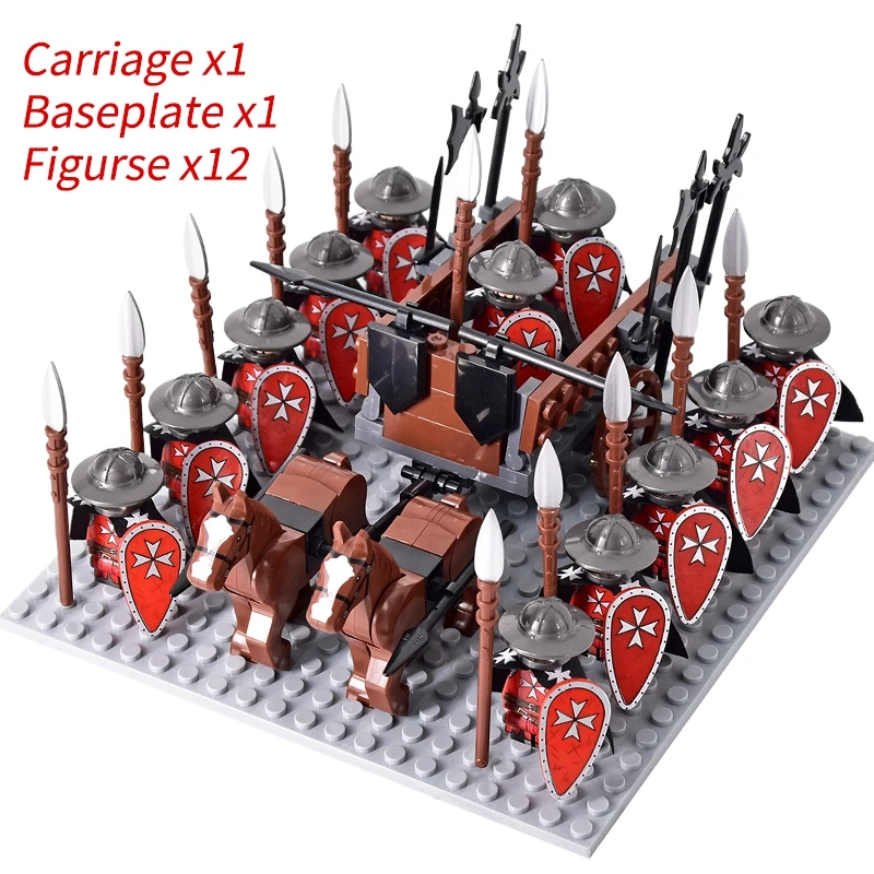 

Medieval Chariot Building Set - 1 Carriage (2Horses), 1 Baseplate, 12 Figurines (Silver Helmets/Green Crests), Creative for Kids