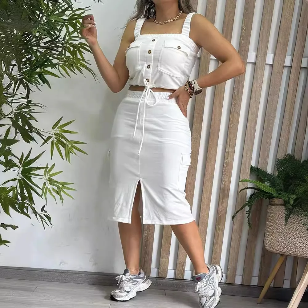 Women Summer Fashion New Ruffled Sleeveless Button Short Top High Waist Long Skirt Clothing Suit 2pcs