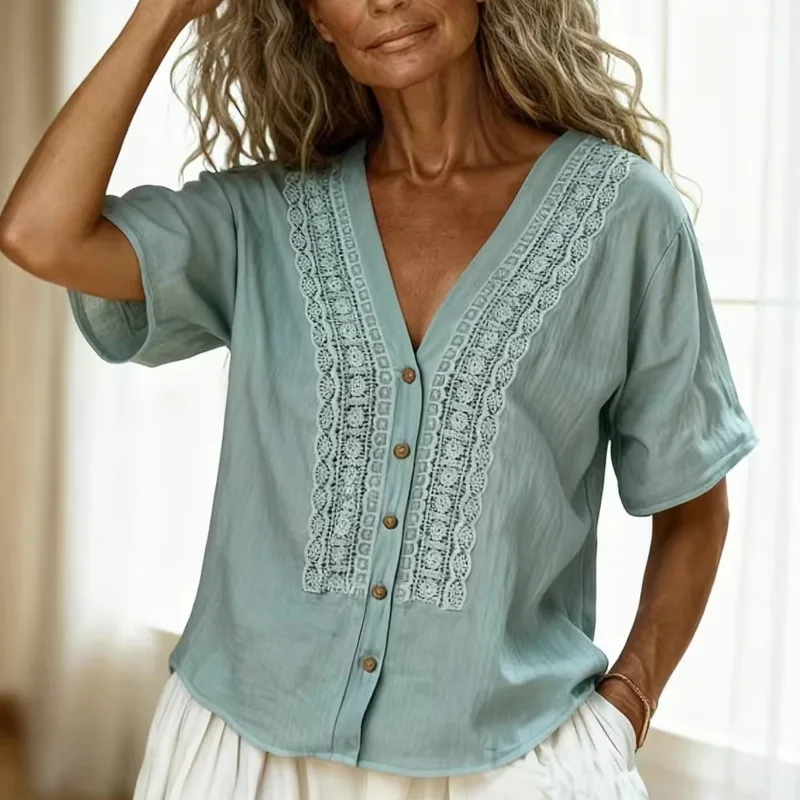 

New Fashion Women Tops Blouses Summer V Neck Lace Patchwork Short Sleeve Single-breasted Shirt Loose Button Top Womens Clothing