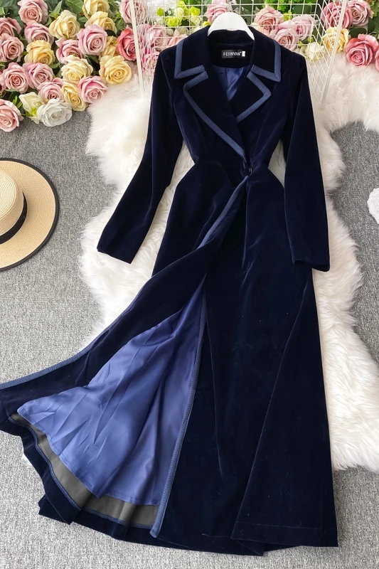 Autumn and Winter New Velvet Suit Collar Dress Long Ankle Knee Over Fashion Style Long Windbreaker Coat Women