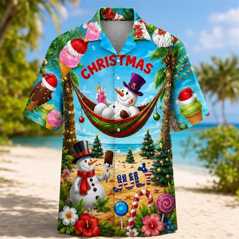 Men Short Sleeve Hawaiian Shirt Christmas Snowman Beach Palm Tree Ice Cream Print Summer Xmas Holiday Party Button Down Shirt