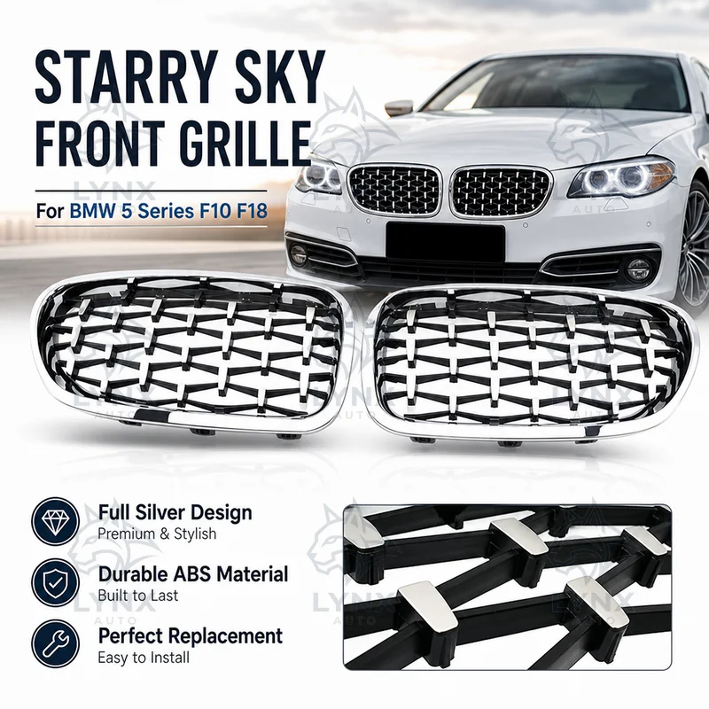 For BMW 5 Series F10 F18 Starry Sky Full Silver Grille Silver Frame Silver Dot Air Intake Front Grille Replacement