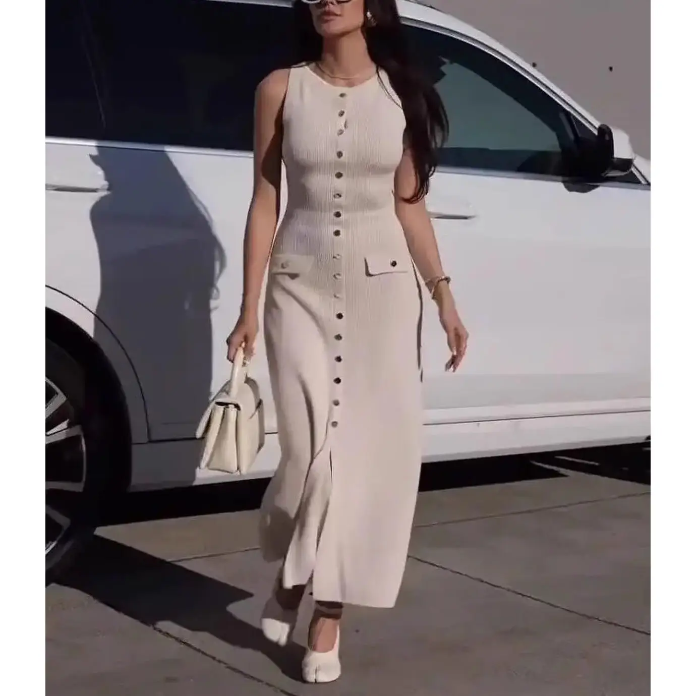 Spring New Sle Evening Gown Vest Long Dr Commute round Ne Svel Straight Slim Knitted Dr Women's Faion