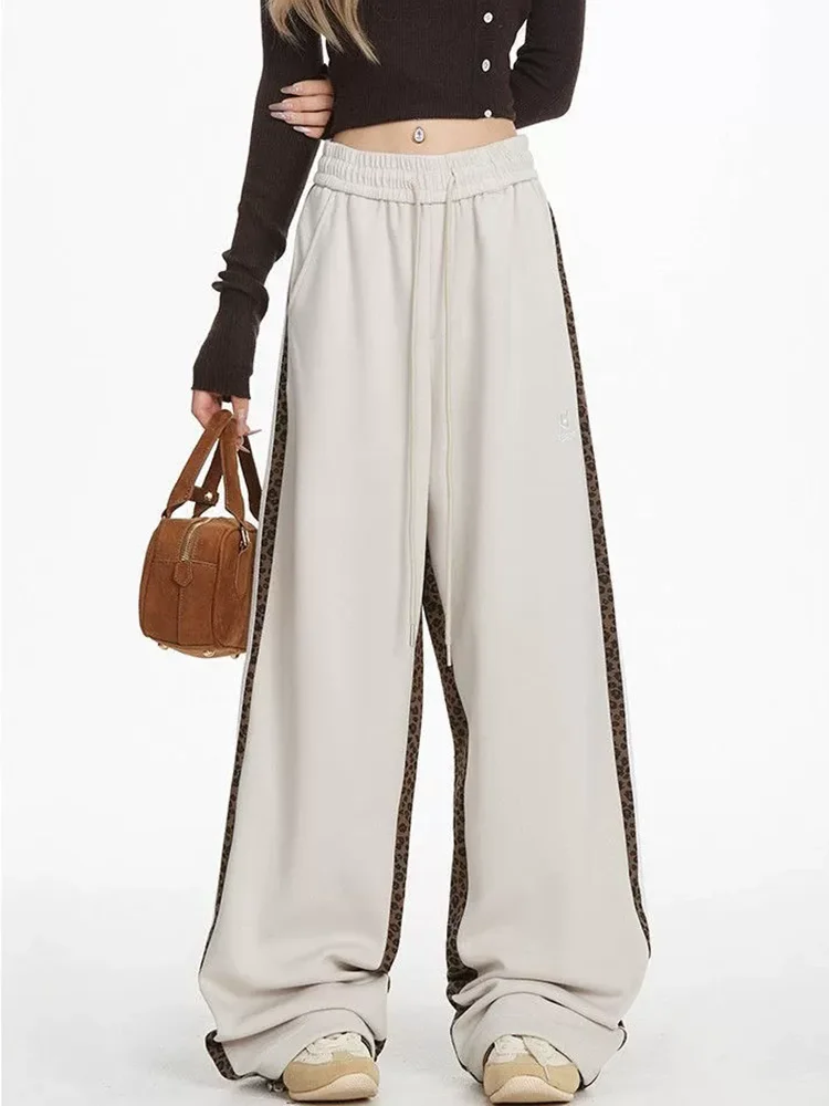 Leopard Patchwork Plush Thick Pants Vintage Women's Casual Baggy Lace-up Pantalones Fashion Loose Straight Trousers Hosen