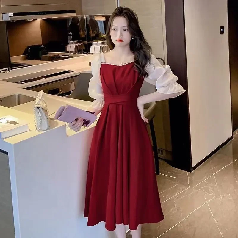 Summer Color Block Short Sleeve Dress Women's Korean Japanese Style New Arrival Stylish Waist-Fitted Flare Sleeve Medium-Length 