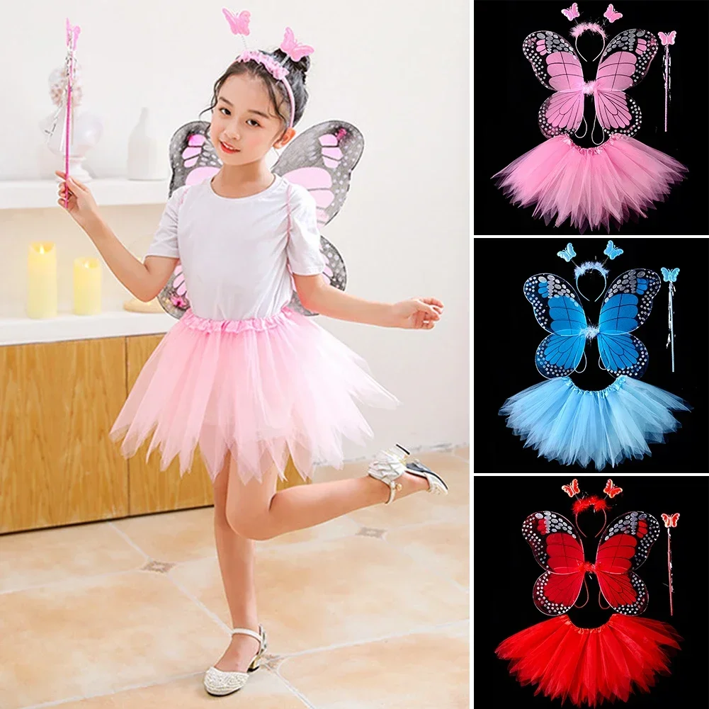 3/4Pcs Adult Kids Fairy Costume Set Simulation Butterfly Wings Pointed Headband Wand Princess Girls Party Dress Up Christmas