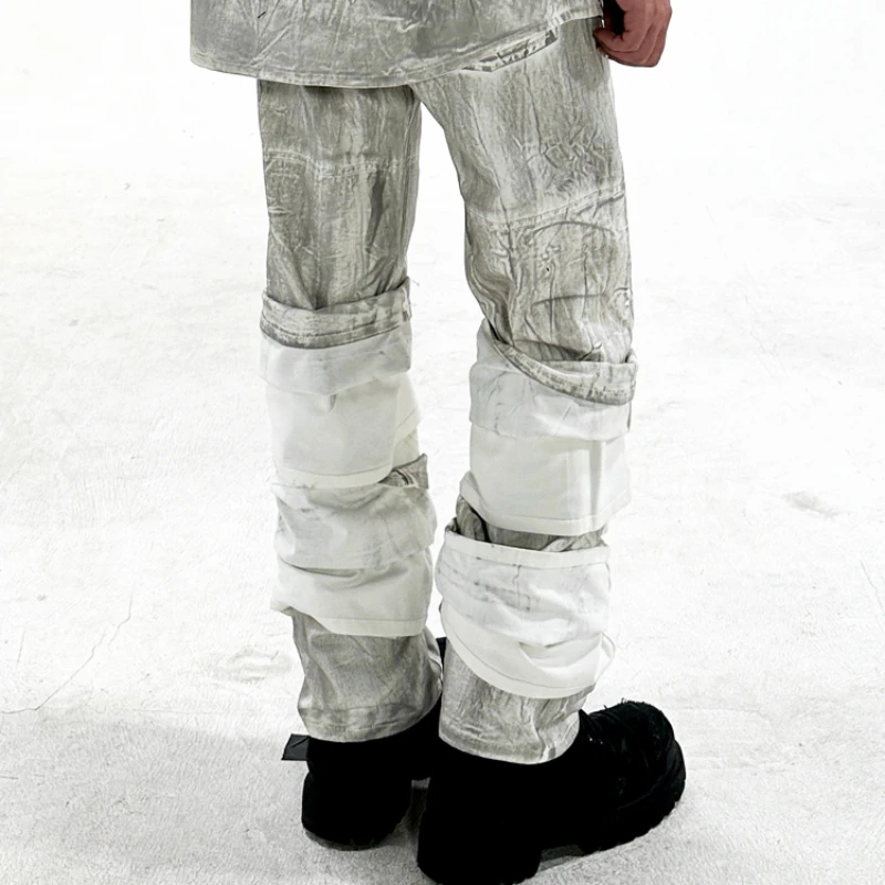 

2023 Autumn New Wasteland Style Women Techwear Avant-Garde Distressed Layered Straight Overalls Men's Trousers Pants