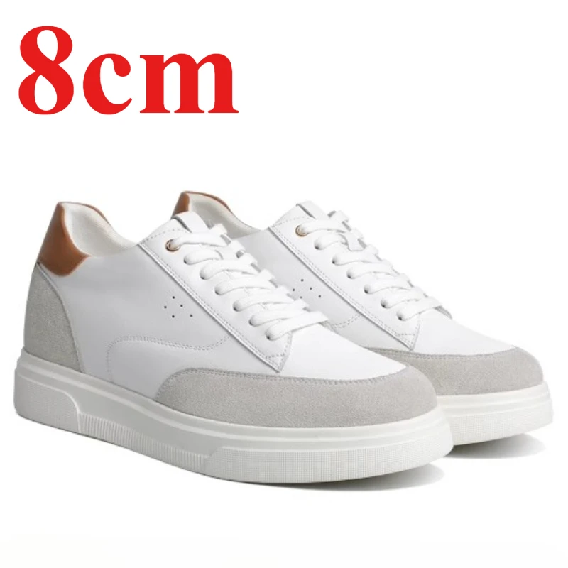 White Grey Height-increasing Shoes for Men's 8cm Thick Sole Casual Sneaker Genuine Leather Breathable Comfortable Elevator Shoes