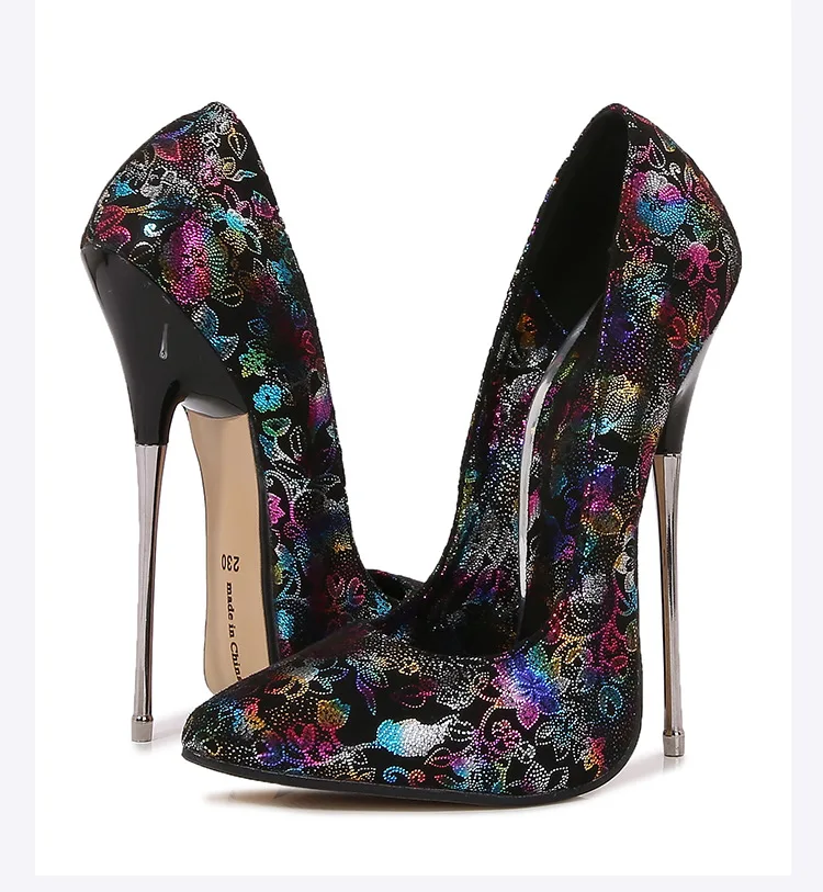

16cm Women Metal High Heel Shoes Pointed Toe Flower Printing Stiletto Shoes Nightclub Party Banquet Cross Dressing Catwalk Lady