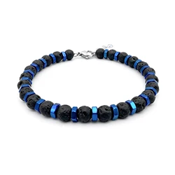 Runda Men's Adjustable Bracelet 22cm Black Lava Stone Natural Charm Bead Fashion Accessory with Stainless Steel