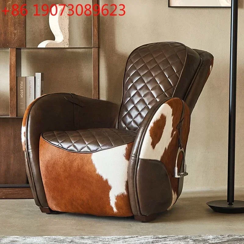 Mid-Ancient Leisure Single-Seat Sofa Chair Milk Cowhide Living Room French
