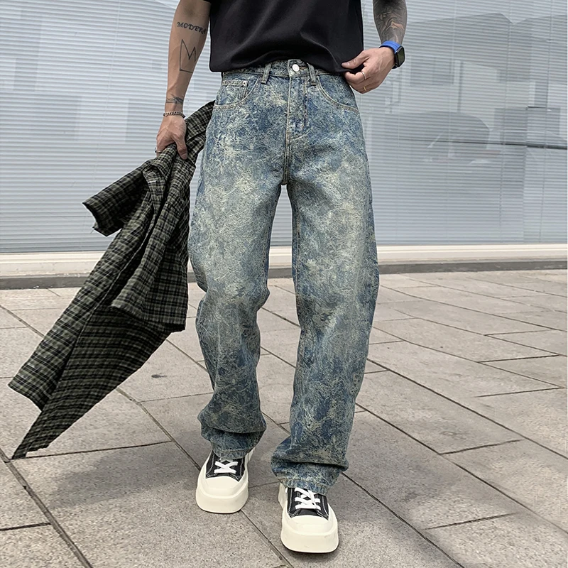 

100% Cotton Men's Washed & Distressed Printed Streetwear Denim Jeans Loose Fit Straight Pants Hip Hop Edgy Stylish Plus Size 40