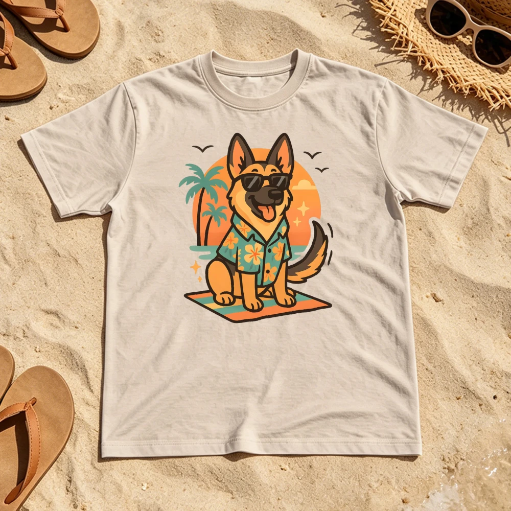 German Shepherd Beach Palm Sunset T Shirt Women Dog Dad Animal Lover Gift Summer Vacation Tee Hawaii Style Casual Holiday Top