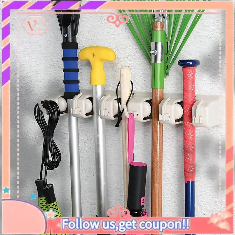 Upgraded Mop And Broom Rack - Garage Storage System With 5 Slots, 6 Hooks - Gardening Tools For Homes, Kitchens, Garages, Laundr