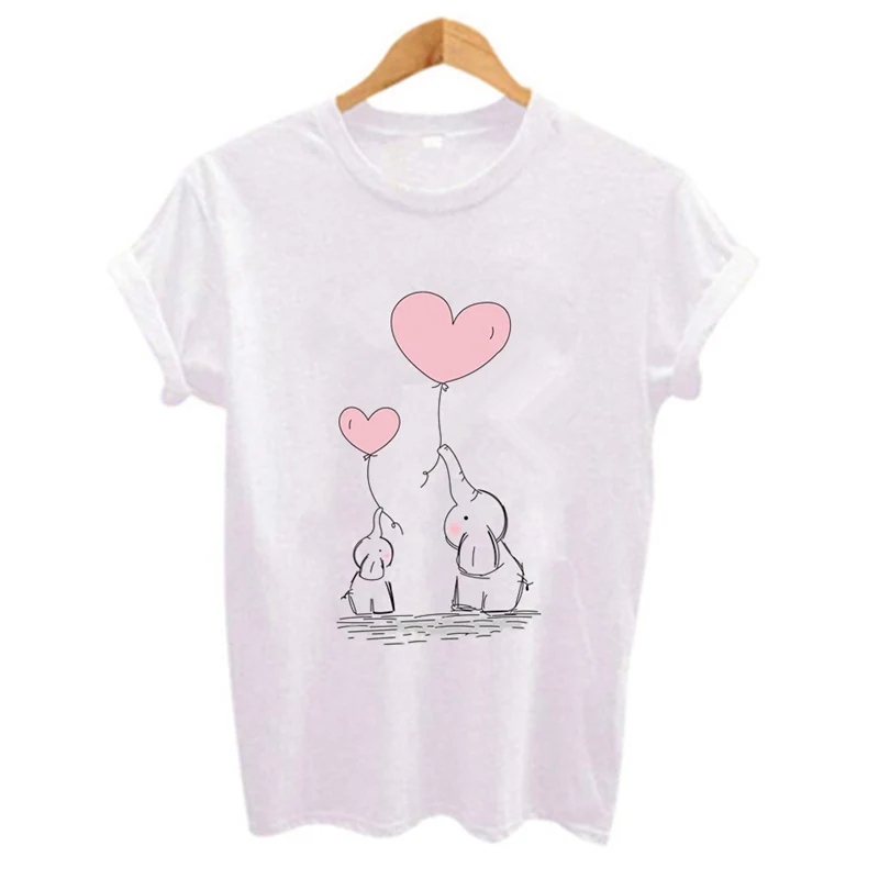 Kawaii cute Elephant balloon Print Women t shirt 2024 Summer Funny Short sleeve t-shirt Plus Size Casual Tops tshirts