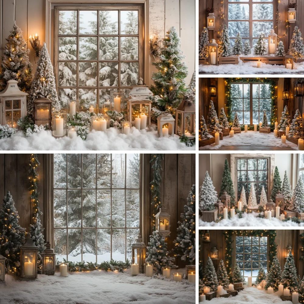 Farmhouse Window Snowy Winter Xmas Studio Backdrop Pine Tree Candle Lantern White Snow Ground Holiday Shooting Background
