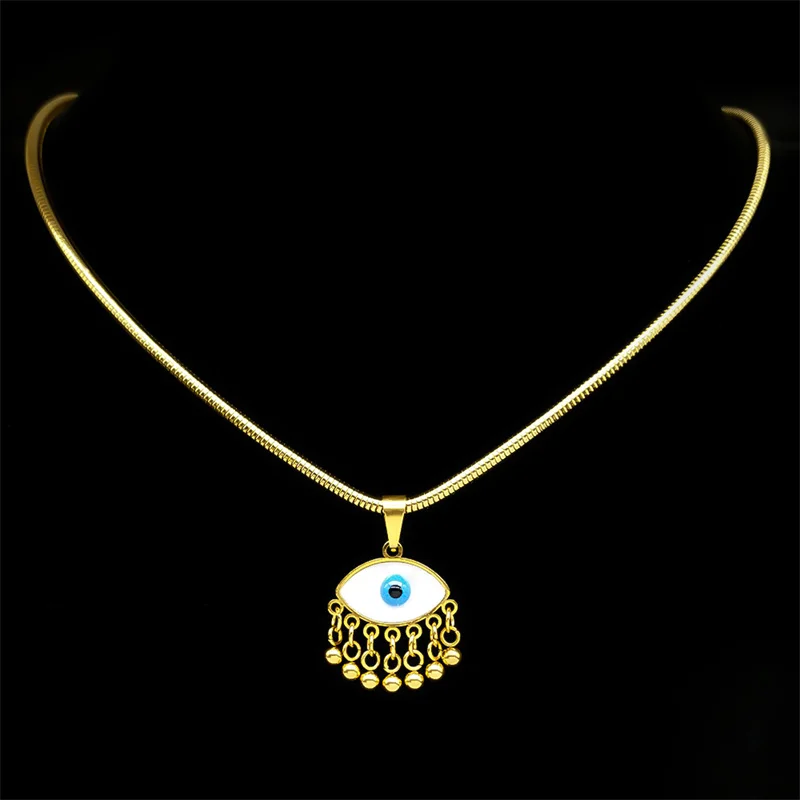 Evil Demon Eye Vintage White Shell Choker Pendant Necklace Women Men Stainless Steel Gold Color Bead Tassel Snake Chain Jewelry image 2