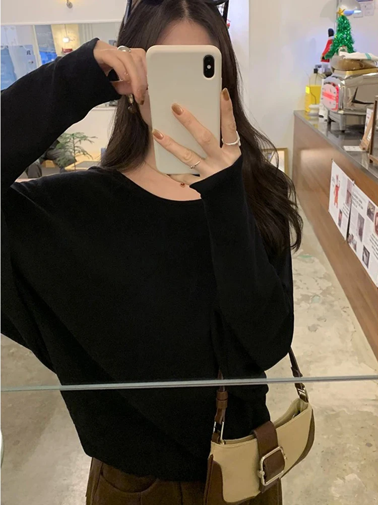 ファイオナブル ホワイト ロング スリーブ Uネック Tシャツ レディース 冬用 ルーズ ショルダー トップ インナー ウェア ベース シャツ シーウォーク ガールズ ファイオ