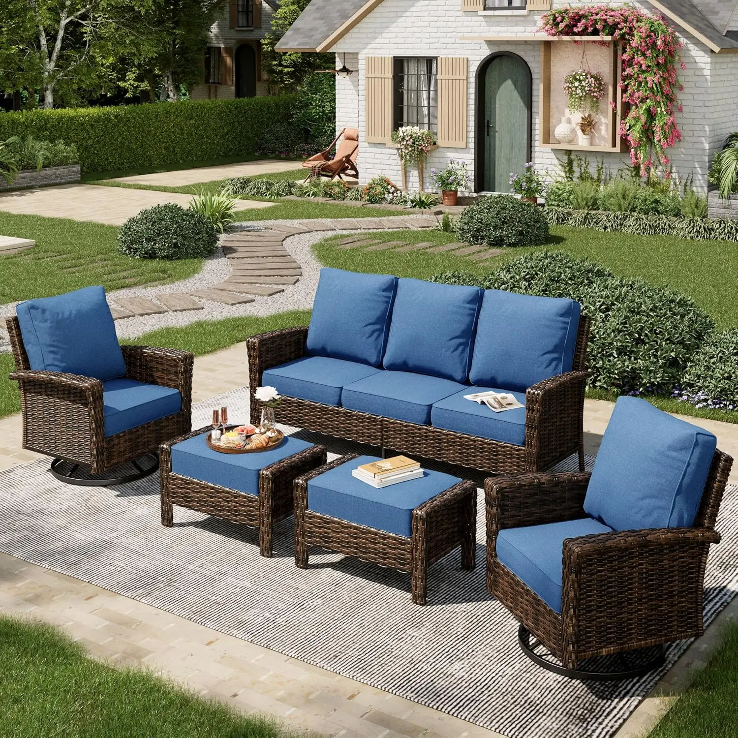 High Back Swivel Patio Furniture Set 5-Piece Outdoor Dining Blue, Customized