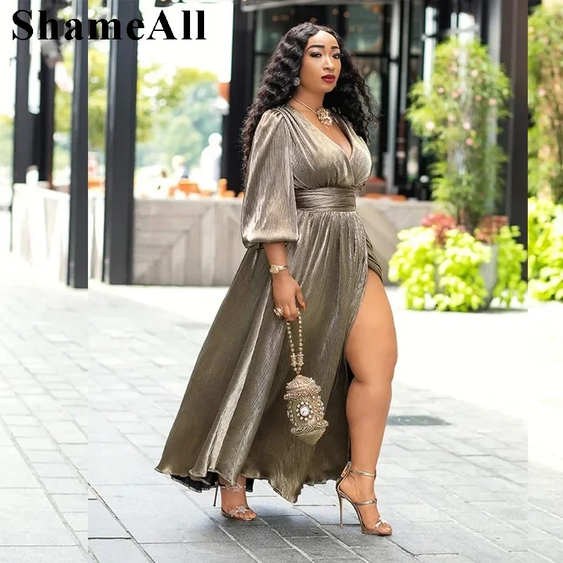 Women plus size Long Sleeve V Neck High Slit Maxi Prom Dress 3XL Metallic French Wrap Dresses Elegant Evening Party Robe Vestido