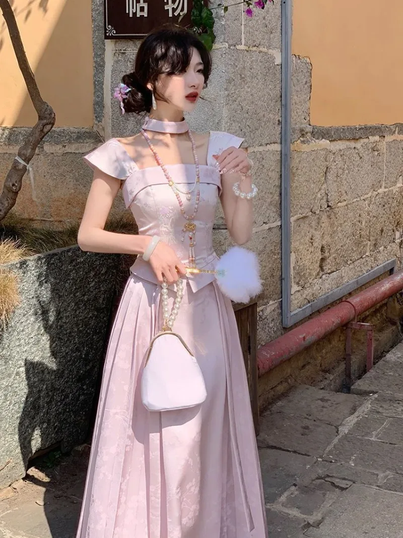 

Новый летний женский комплект из двух предметов в китайском стиле ретро, высококачественный жаккардовый топ с квадратным воротником + плиссированная длинная юбка на шнуровке, модный костюм