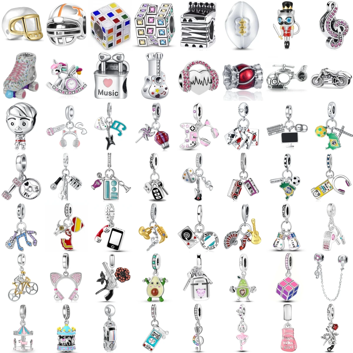 925 Sterling Silver Hobby Sport Charms Helmet Skate Motorcycle Music Cube Pendant Beads Fit DIY Women Jewelry Gift