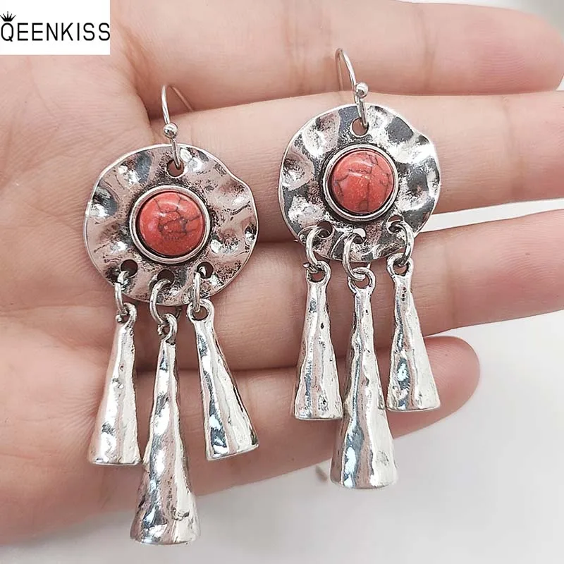 

QEENKISS EG6217 Fine Jewelry Wholesale Fashion Woman Girl Birthday Wedding Gift Round Turquoise Antique Silver Drop Earrings