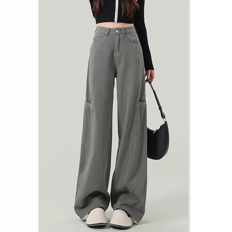 

Женские джинсы в стиле стритвир, корейские, с высокой талией, хит продаж, прямые брюки-карго, ретро, однотонные джинсовые брюки для девушек