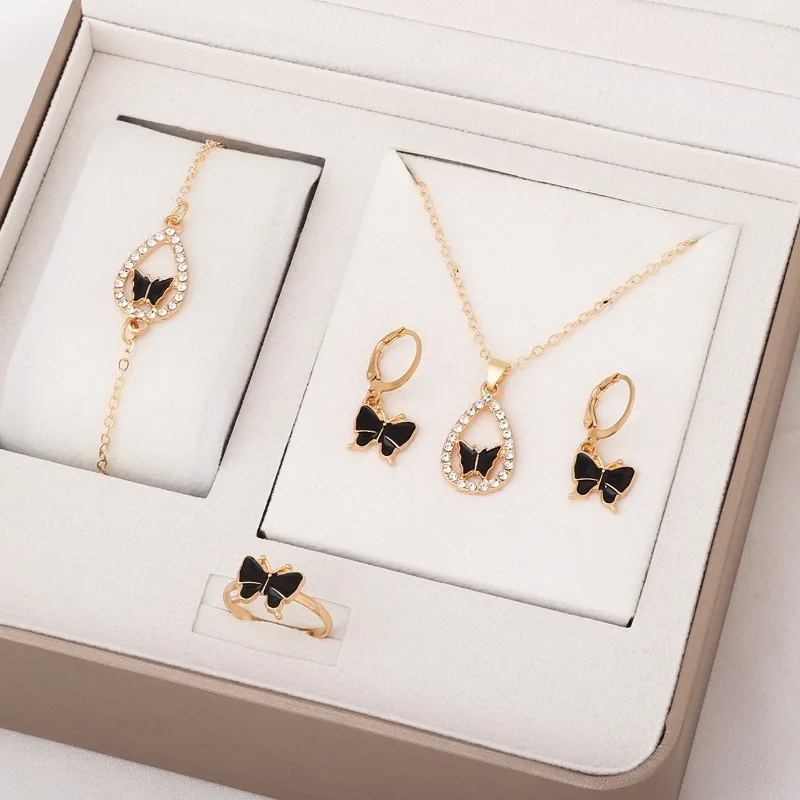 Butterfly Oil Drop Rhinestone Jewelry Set 4-Pack - Necklace, Bracelet, Earrings - Multi-Color Trendy Gift for Her