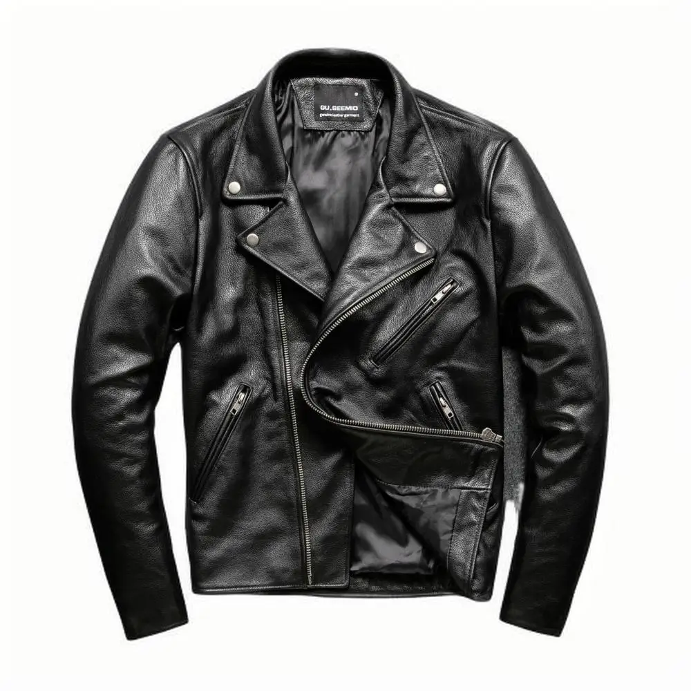 2025 Genuine Cowhide Black Leather Jacket American Style New Top Layer Motorcycle Leather Jacket Lapel Zipper Men Short Coat