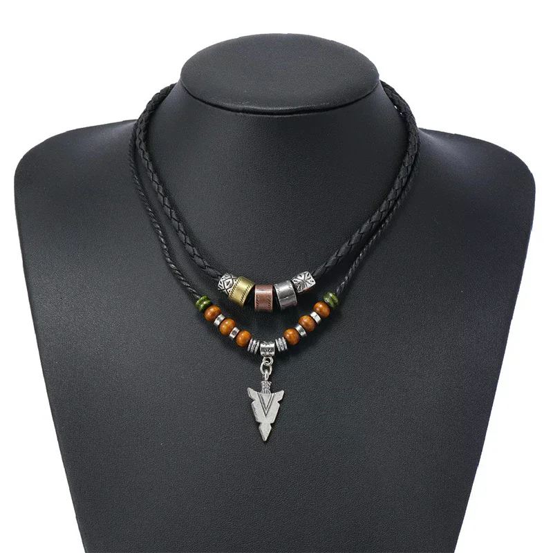 Stacked Artificial Leather Rope Beaded Necklace Men Vintage Layered Tribal Arrow Pendant Necklace For Men Jewelry Collar Chain