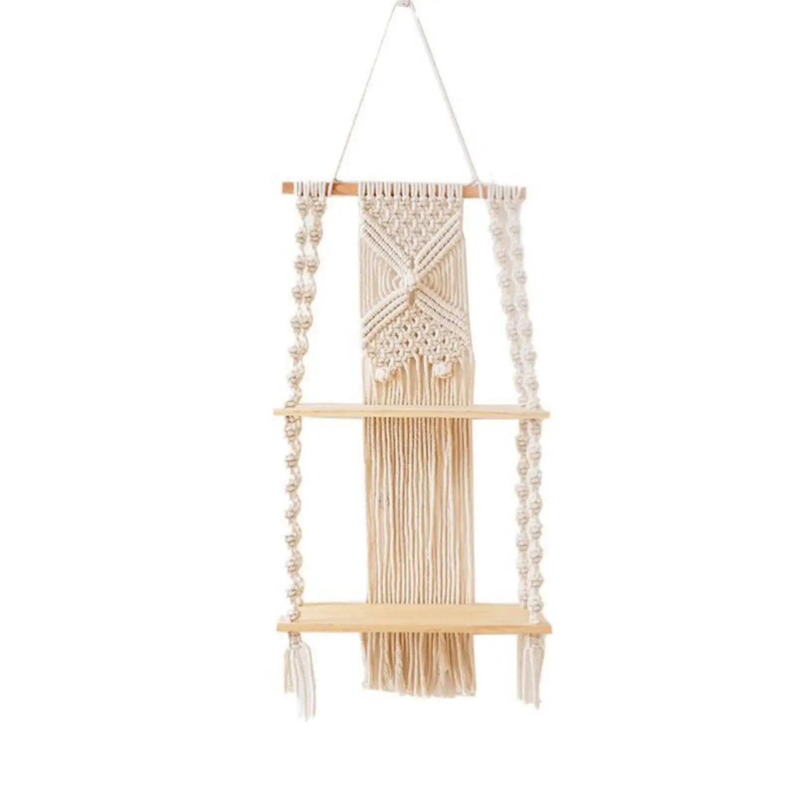 Macrame Cotton Rope Tapestry Wall Shelf with Two Wood Tiers Boho Floating Storage for Books Photos Room Decor