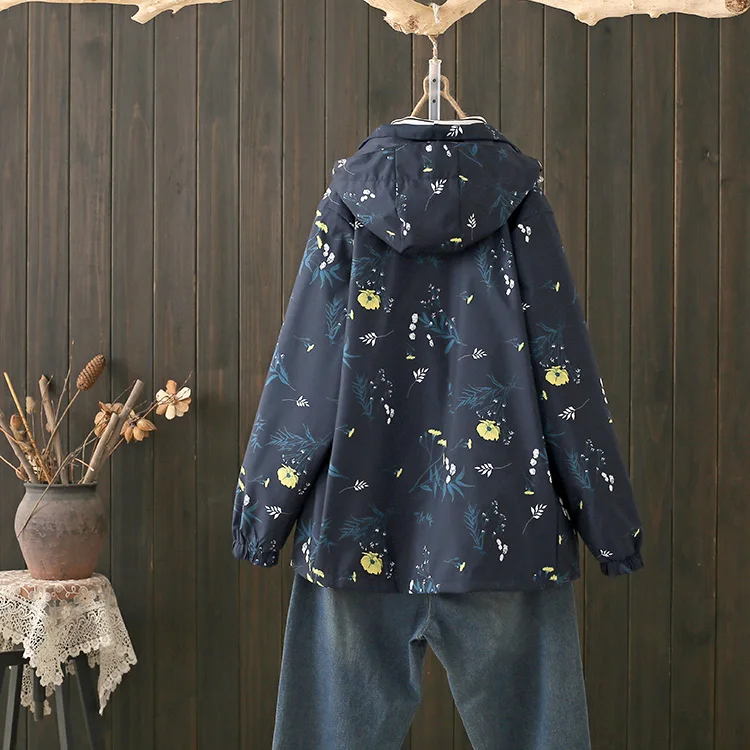 plus Size Autumn Winter Jacket Women's Printed Fleece Lined Windproof Waterproof Casual Outerwear Trendy Hooded Zipper Closure