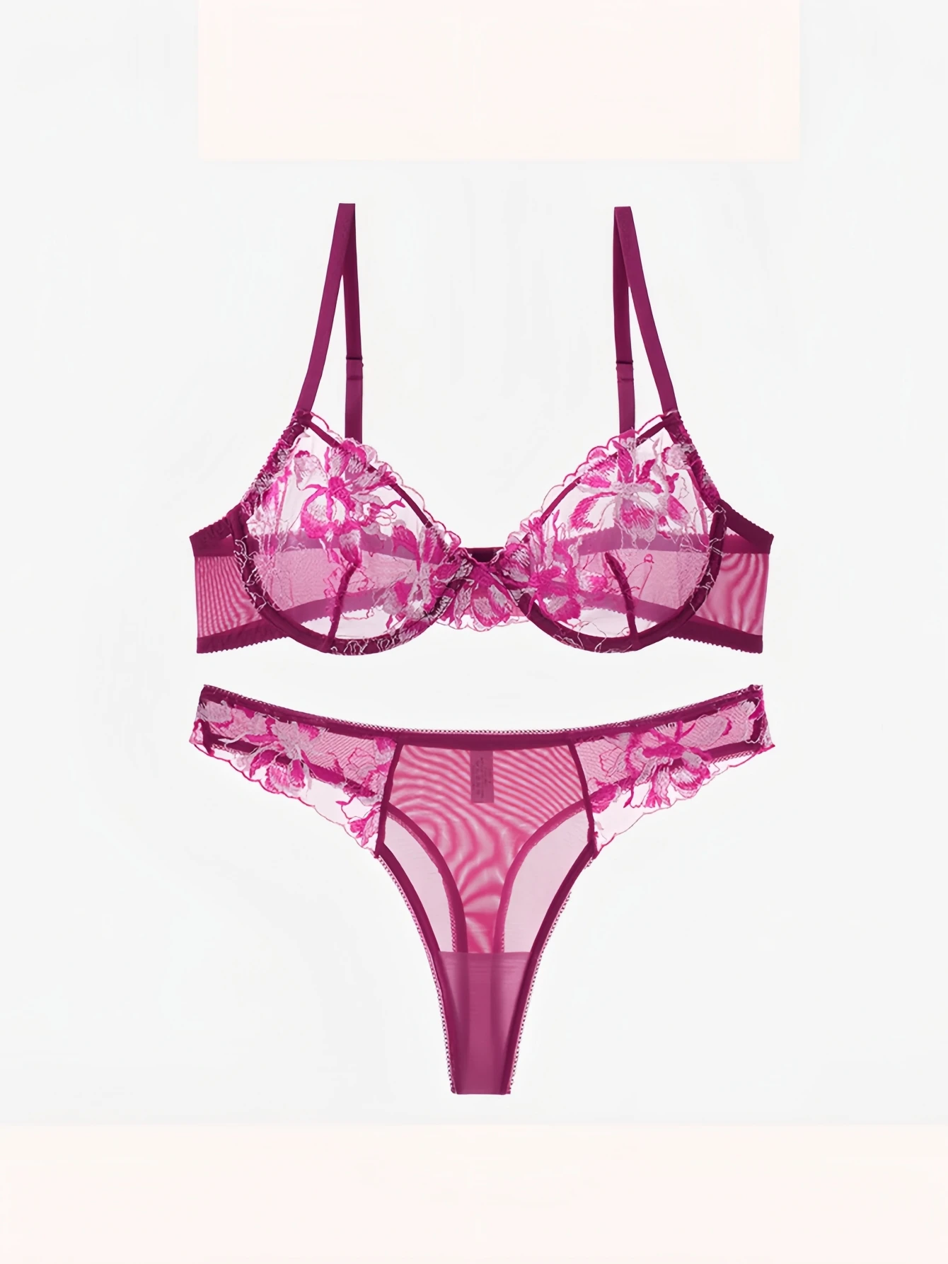 

2pcs Sexy Lingerie Set Floral Embroidery Elastic Adjusted-straps Soft Underwire Bra and Thong Panty Underwear Set for Women