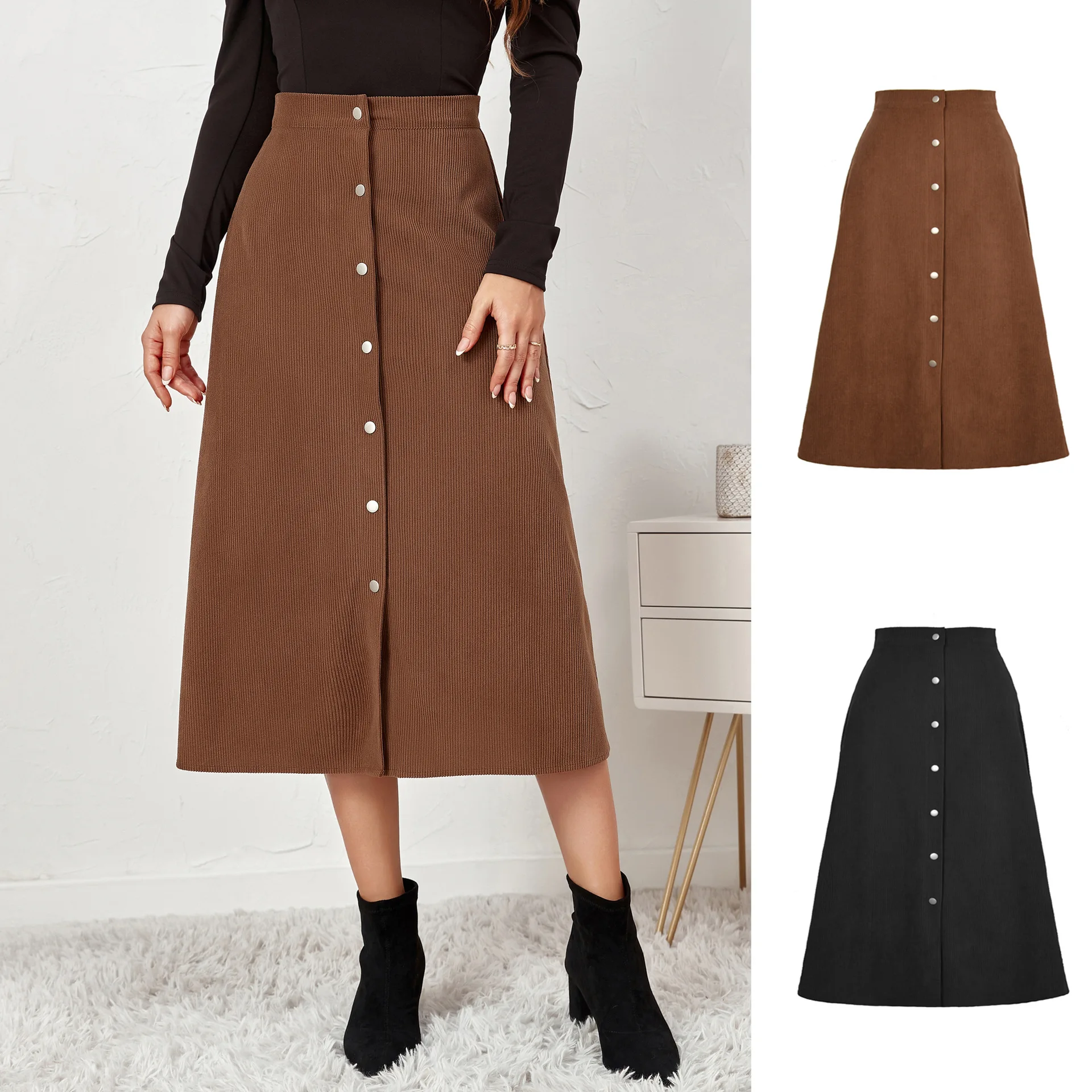 Skirt de Cintura Alta com Botões de Algodão para Mulheres: A Escolha Perfeita para o Inverno – LDY-WW5138