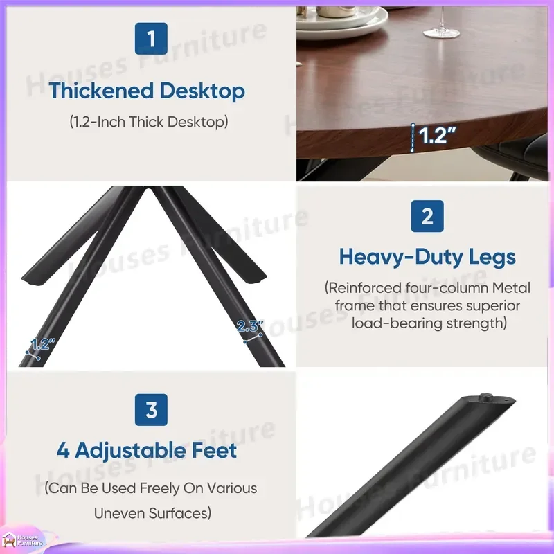Foldable Round Dining Table with Solid Wood Top Waterproof Durable Adjustable Feet Black Metal Cross Legs for Kitchen Office