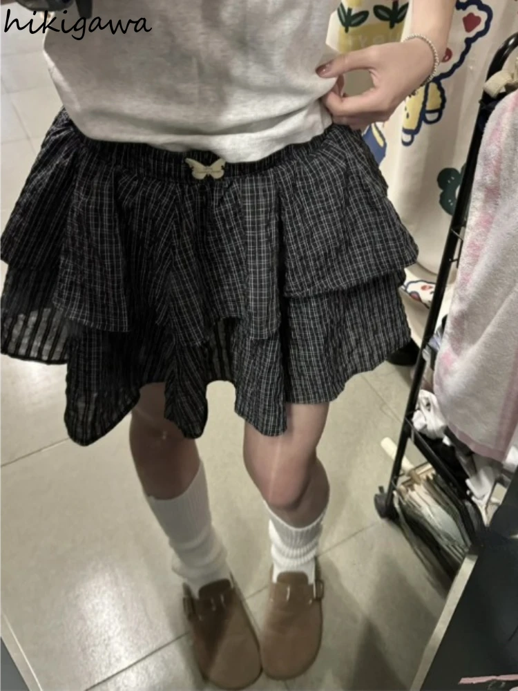 2024 Faldas Mujer De Moda Women Skirt Preppy Style Summer Fashion Jupe High Waist Ruffles Tunic Saia Vintage Plaid Mini Skirts