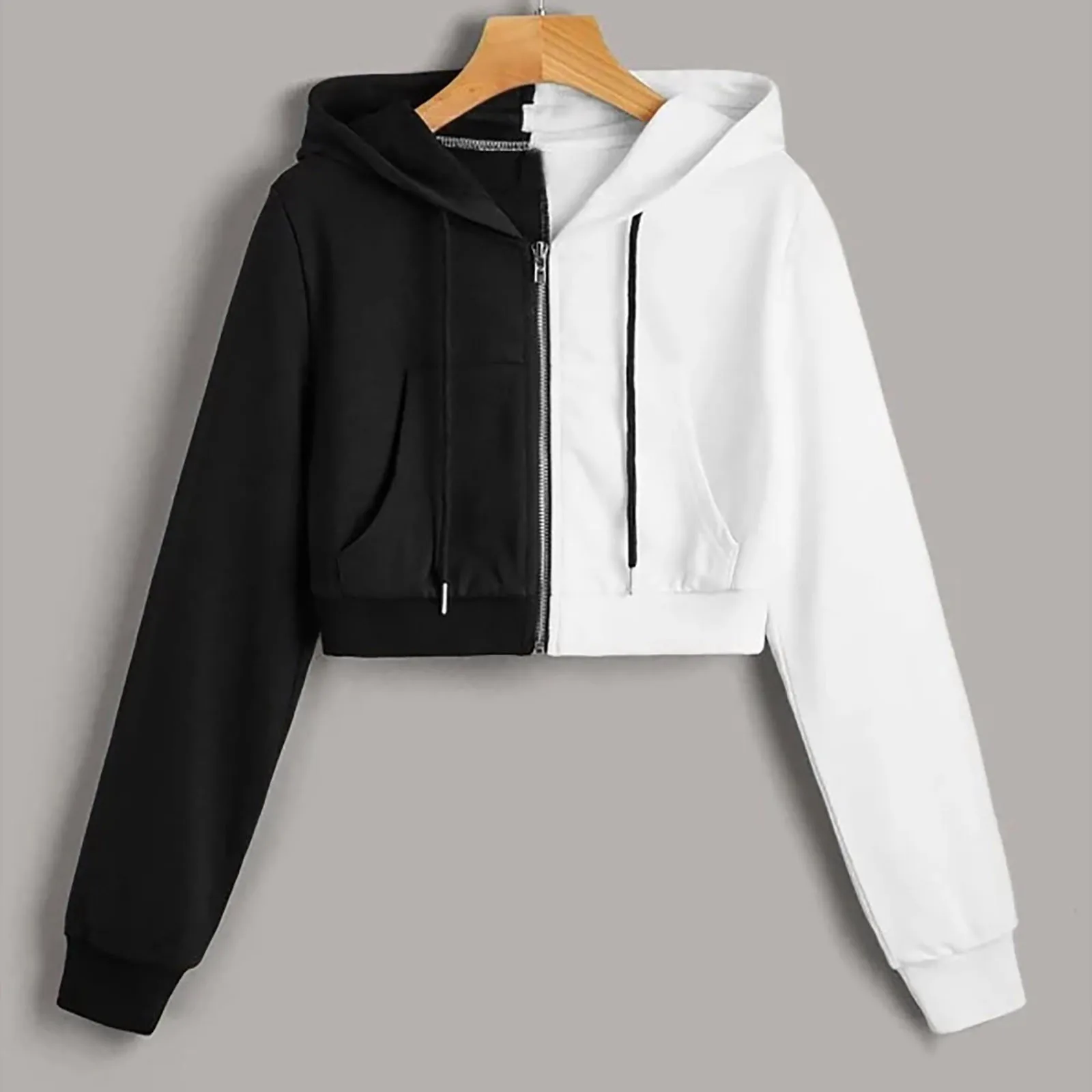 Hoodie black and white with color contrast fashion slim short velvet hoodie wear zipper hoodie