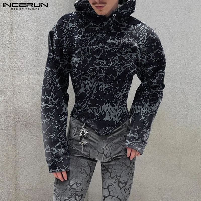 Men Casual Long Sleeve Hooded Sweatshirts 2024 INCERUN Inverted Triangle Girdle Design Pullovers Printing Elegant Simple Jumpers