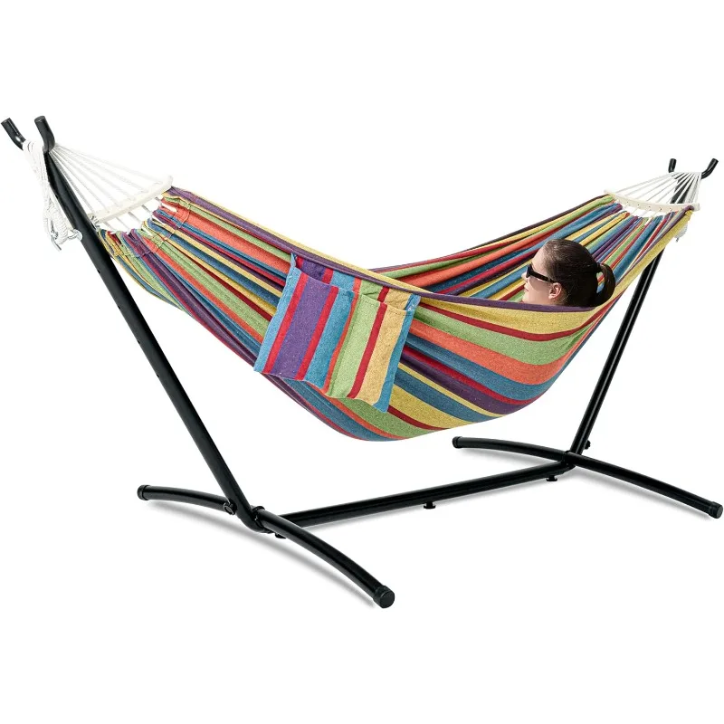 Double Hammock with Stand for Outside, Upgraded Spreader Bar, Heavy Duty Space Saving Steel Stand 2 Person, Side Pockets,