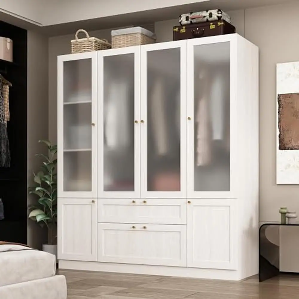 

Large Wardrobe Closet with Hanging Rods and 3-Tier Shelves Spacious Storage Drawers and Glass Doors Modern Wood Grain Armoire