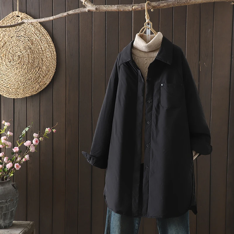 

Winter New Sle Long Casual Loose Pure Color Cotton Jaet Women's irt Thin Cotton Lined Comfortable Faionable