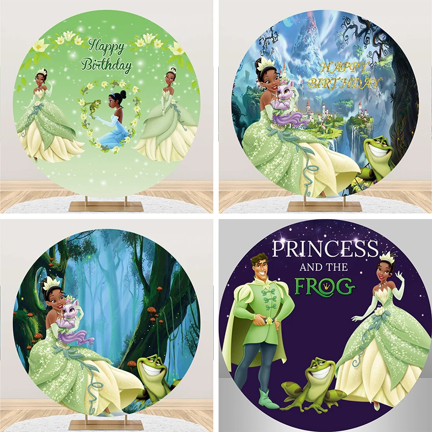 

Green Skirt Girl with Frog Round Background Children Birthday Party Princess Table Decoration Circle Backdrop Photography Booth