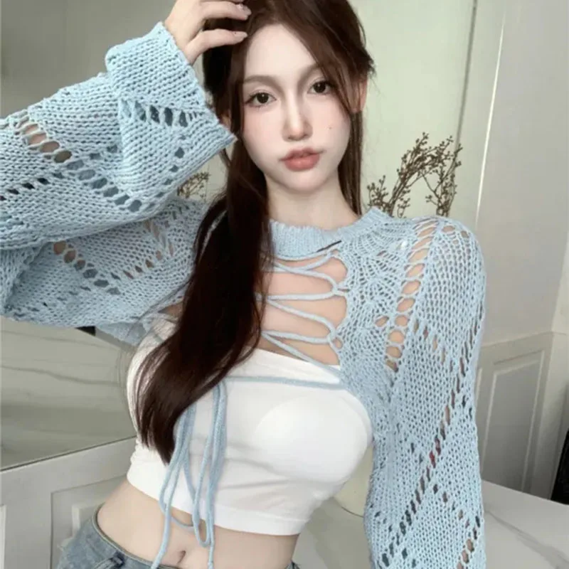 Y2K Two-Sided Knitted Tops Women Hollow Long Sleeve Sweet Lace-Up Sweater Harajuku Casual Backless Solid Lady Blouse