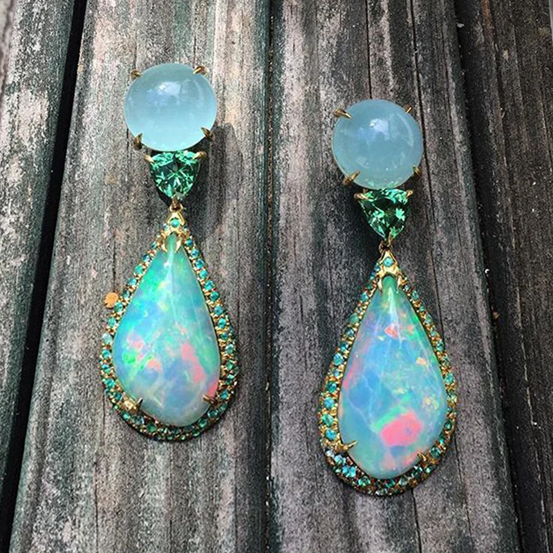 Gorgeous Teardrop Opal Dangle Earrings for Women Vintage Jewelry Luxurious Gold Color Metal Round Moonstone Heart Earrings