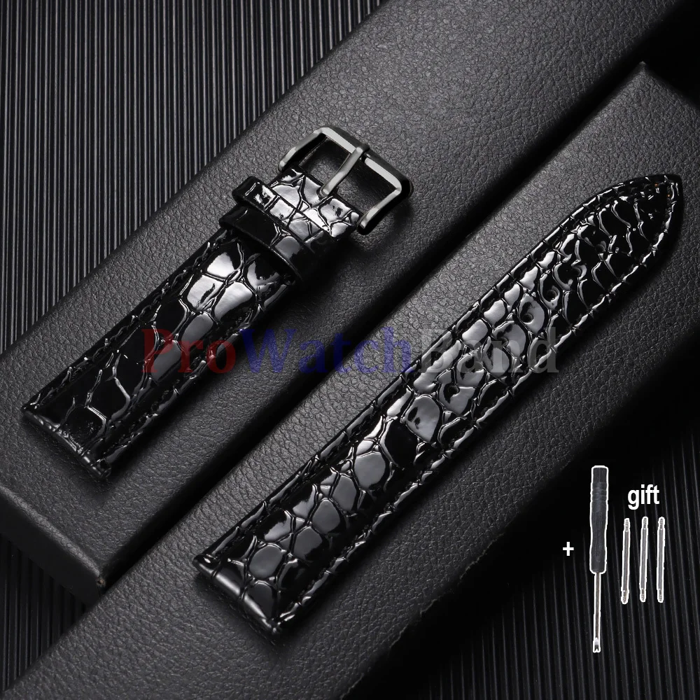 Crocodile Pattern Watch Strap Leather Watchband 12/14/16/18/19/20/22mm Gold Buckle Bracelet Men Wrist Band for Seiko for Omage image 3